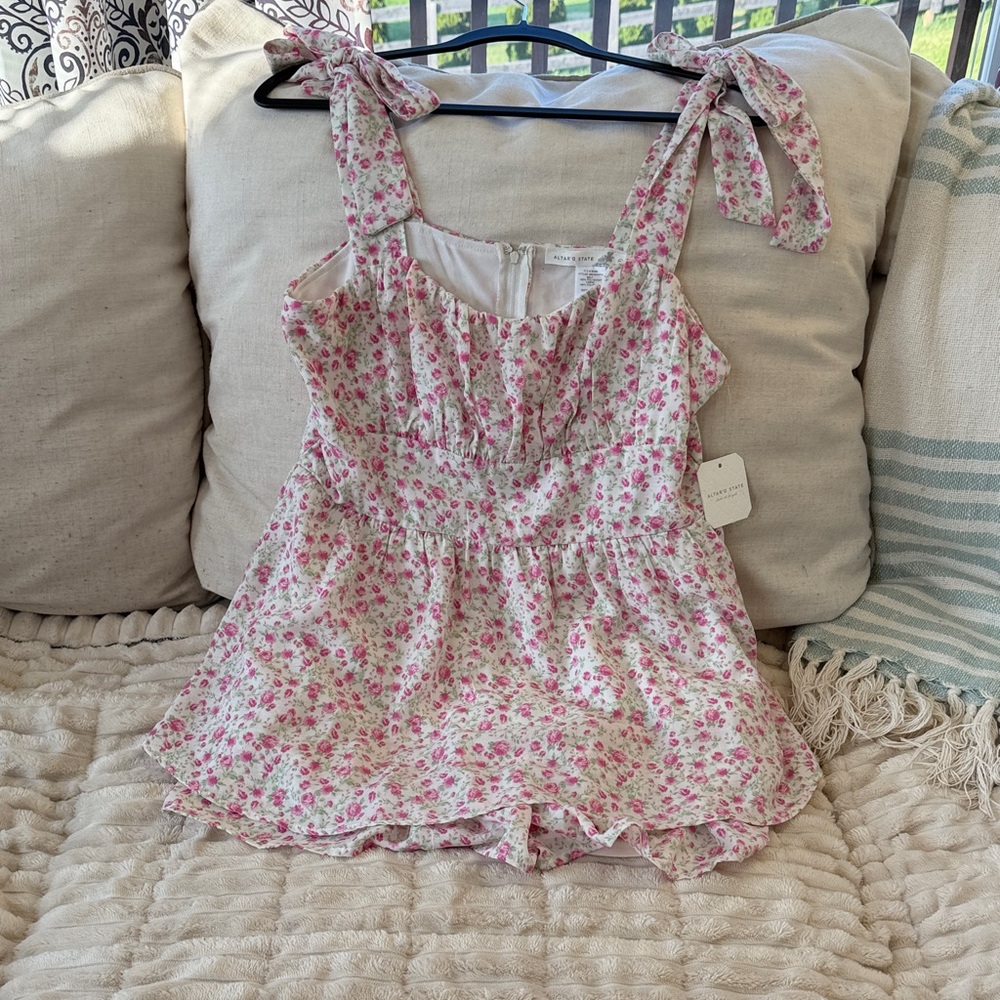 Altar'd State Pink Rose Tie-Shoulder Floral Romper